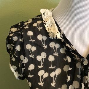 Anthropologie sheer black print lace neck blouse S